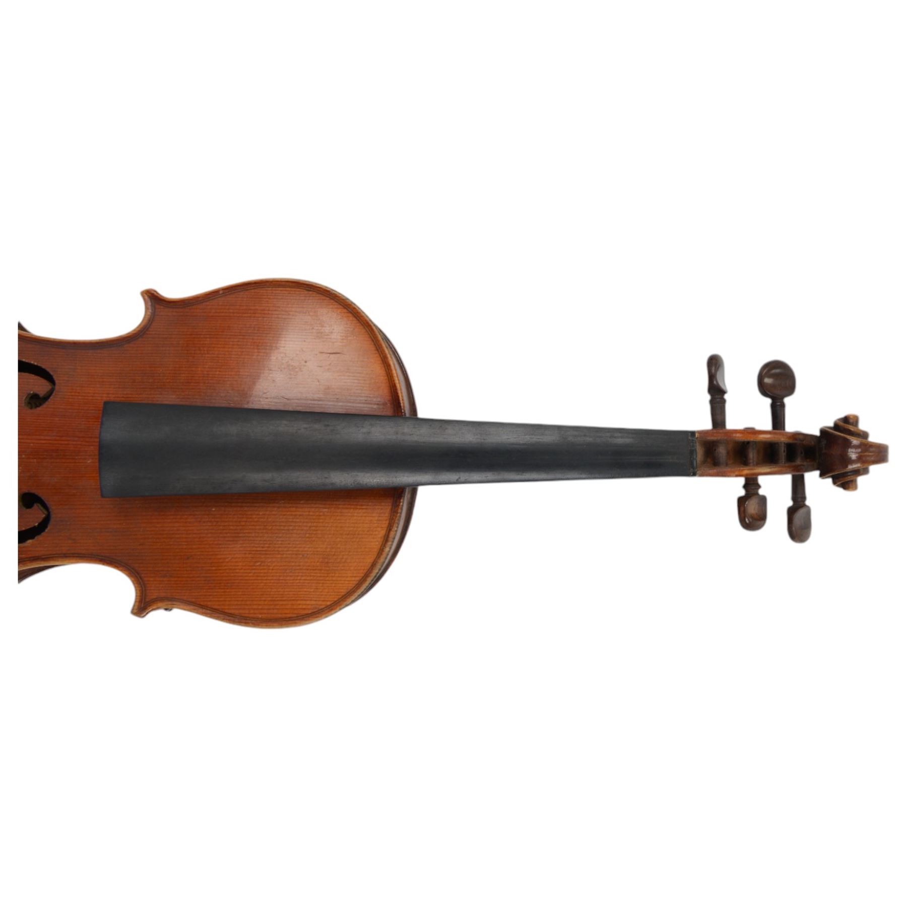 Late 19th century full size German violin with a  Wolff Brothers label, scroll with ebony pegs, finger board and tail piece, in a hard case with bow. Length 60cm

This item has been registered for sale under Section 10 of the APHA Ivory Act