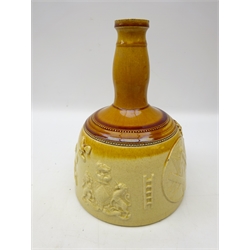  Victorian stoneware setting maul shaped whisky flask/ decanter, applied with Royal Coat of Arms, Masonic Symbols and shield flanked by cherubs 'Mr John Milne, Farmer Mains of Laythers, From a Friend' H27.5cm   