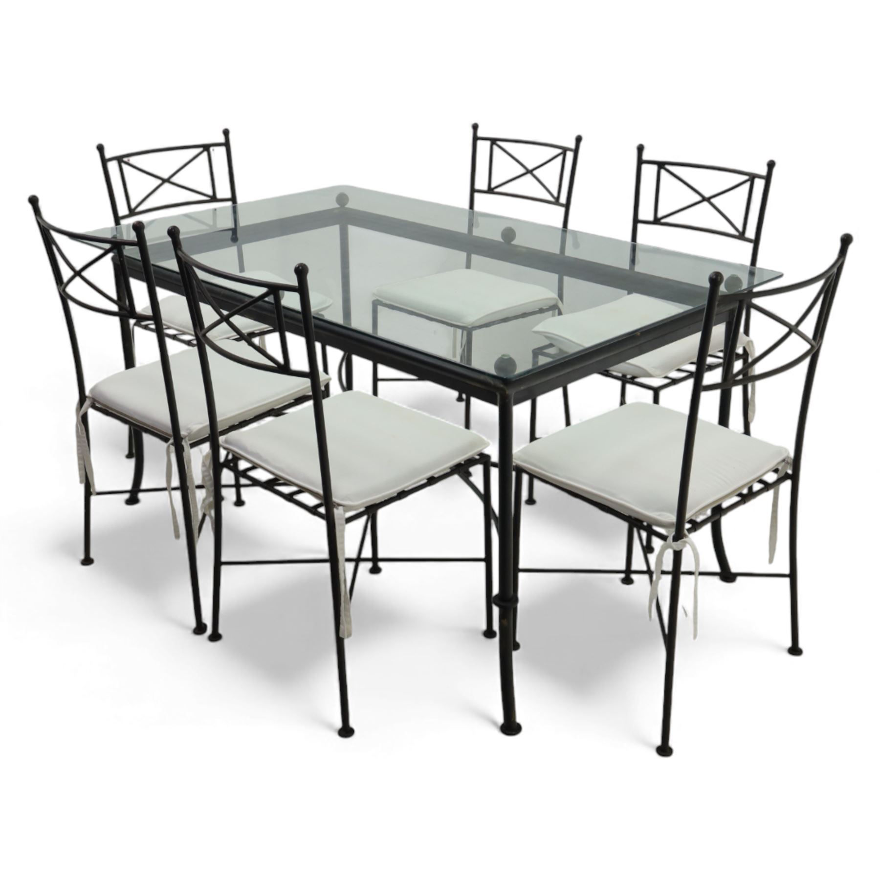 Modern metal and glass conservatory suite, comprising rectangular dining table with clear glass top and six matching metal framed chairs with upholstered seats, together with a matching glass topped coffee table
(Chairs H 92cm, W 42cm, Coffee table H 45cm, W 60cm)