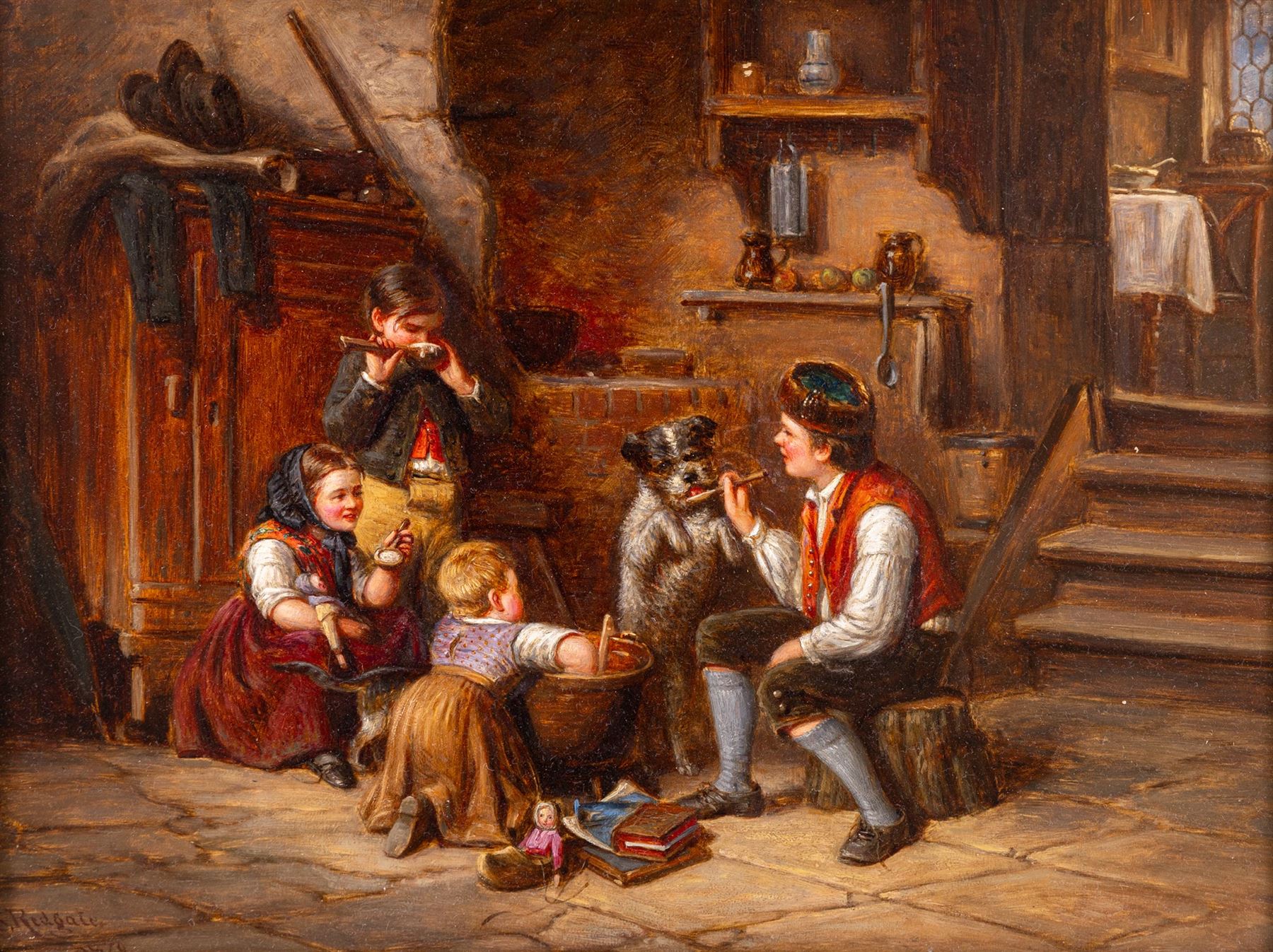 Sylvanus Redgate (British 1827-1907): 'Breakfast Time' Interior Scene with Children and Terrier, oil on board signed and dated 1870, 33cm x 43cm