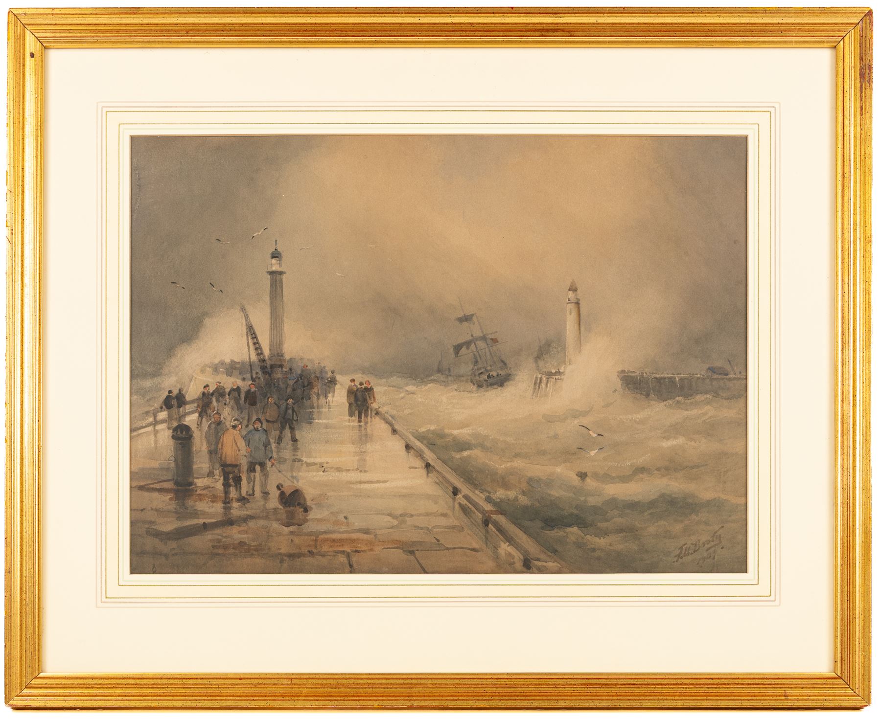 Frederick William Booty (British 1840-1924): Storm at the Mouth of Whitby Harbour, watercolour signed 35.5cm x 50cm
