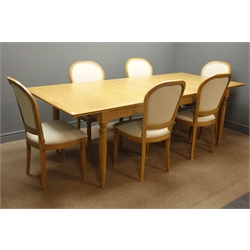  John Lewis solid light oak extending dining table with leaf (100cm x 180cm - 230cm, H75cm), and six chairs upholstered in natural linen fabric  