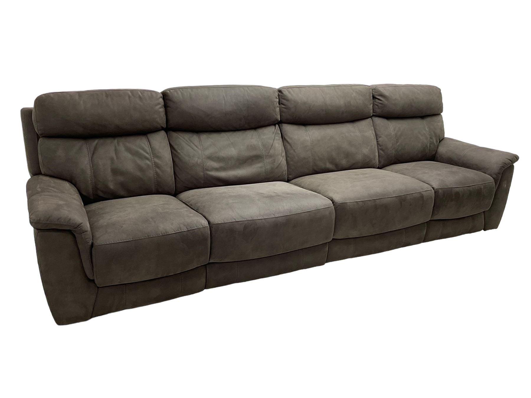 DFS - 'Vinson' grande four-seat electric reclining smart sofa upholstered in stitched grey fabric, each seat with independent electric reclining action, fitted with two USB charging ports 