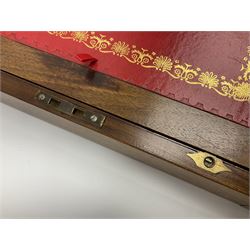 19th century burr yew wood tea caddy, of sarcophagus form, with strung details and brass mounts, the interior split into three compartments, upon four brass bun feet, together with an oak and brass bound writing slope, with red leather interior with gilt detailing, largest H16cm, W40cm