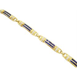 18ct gold sapphire and diamond bracelet, each link set with two rows of rectangular step cut sapphires, with pave set diamonds either side, stamped, total diamond weight 0.40 carat, total sapphire weight 2.50 carat, with World Gemological Institute report