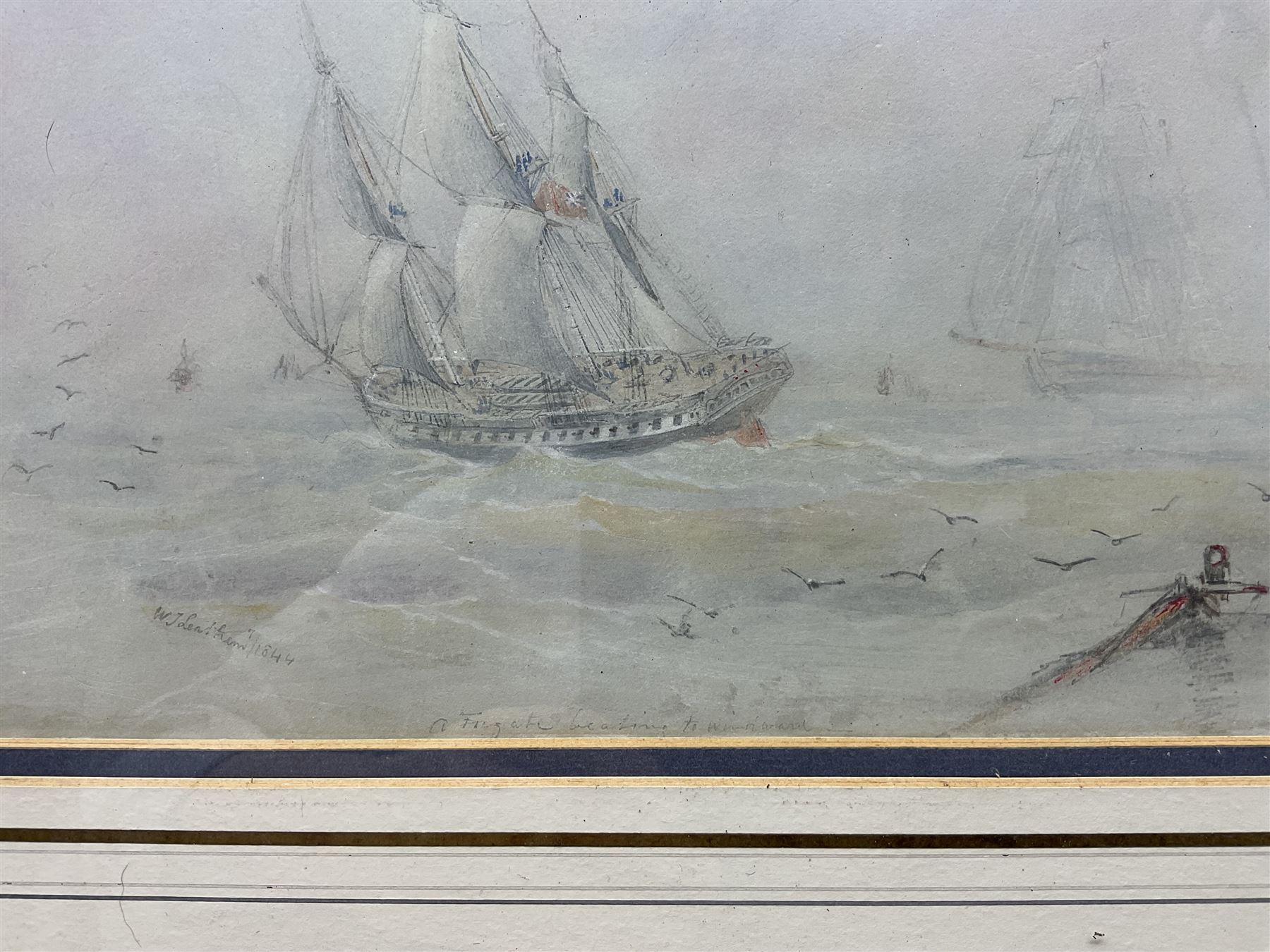 William John Leathem (British 1815-1857): 'A Frigate Beating to Windward', watercolour and pencil heightened with white signed, titled and dated 1844, 20cm x 28cm 