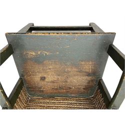 Late 19th to early 20th century Orkney chair, green painted pine frame and seat with curved rush back, square tapering supports joined by plain stretchers