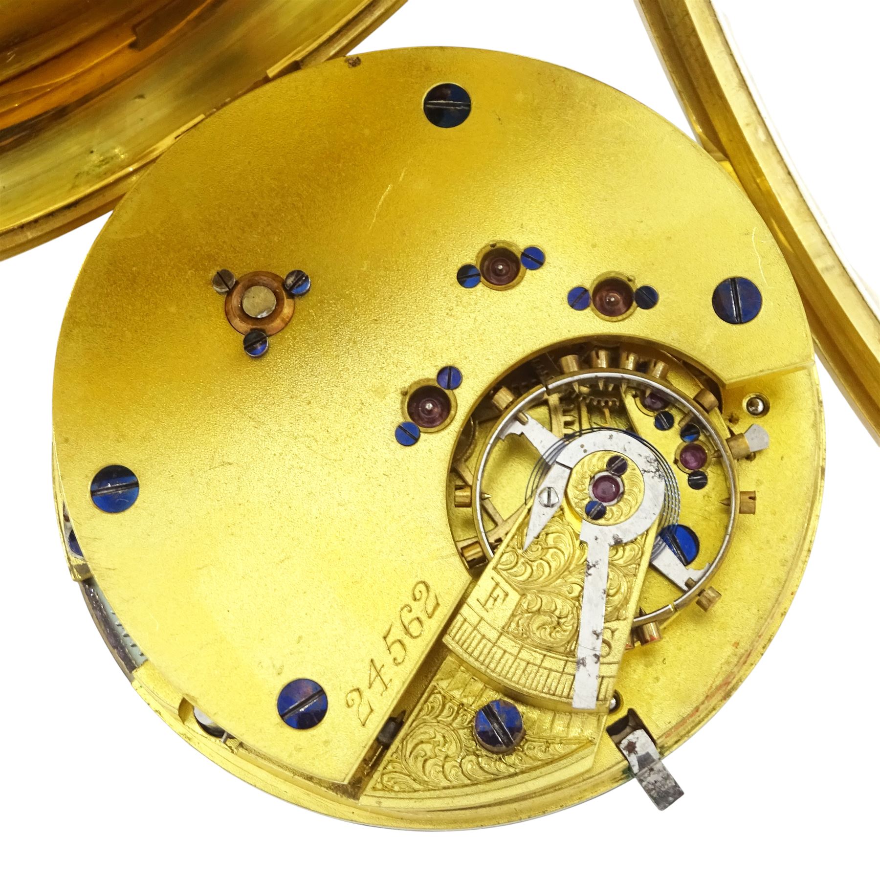 Victorian 18ct gold open face keyless lever pocket watch, No. 24562,  white enamel dial with Roman numeral hour markers and subsidiary seconds dial, case hallmarked Chester 1899