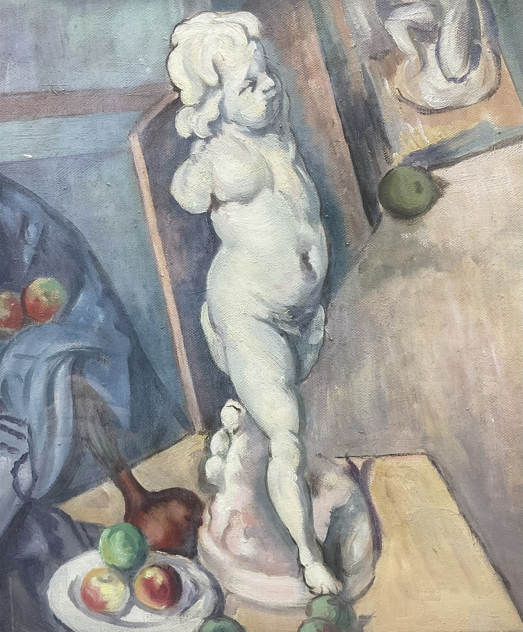 René Morren (Belgian 1868-?): 'Statue dans le Studio', oil on canvas signed and titled verso 34cm x 29cm