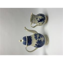 Early 19th century blue and white pearlware chestnut basket, with twin handles and reticulated sides, the interior decorated in the Long Bridge pattern, L21cm, together with an early 19th century blue and white coffee pot decorated in a Willow type variant, H22.5cm, and a Leeds creamware jug, with entwined handle and decorated with a pagoda, H13.5cm