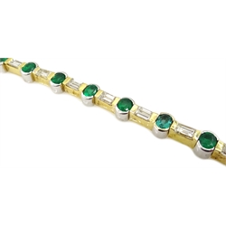  18ct gold and burnished gold brick link bracelet set with eight oval emeralds and seven baguette diamonds  