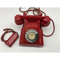 1950s Siemens Brothers red telephone with chrome rotary dial with enamel number plate and Siemens dial label, model 356, the body with base drawer below gilt logo, the handset with impressed mark PAT. 328926 PAT. SA 9/30, with red braided cord and red junction box (detatched), W15cm D18.5cm H14cm