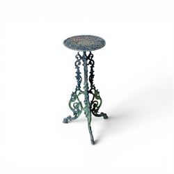 19th century ornate cast iron high garden drinks table, small circular pierced top, raised on three legged base