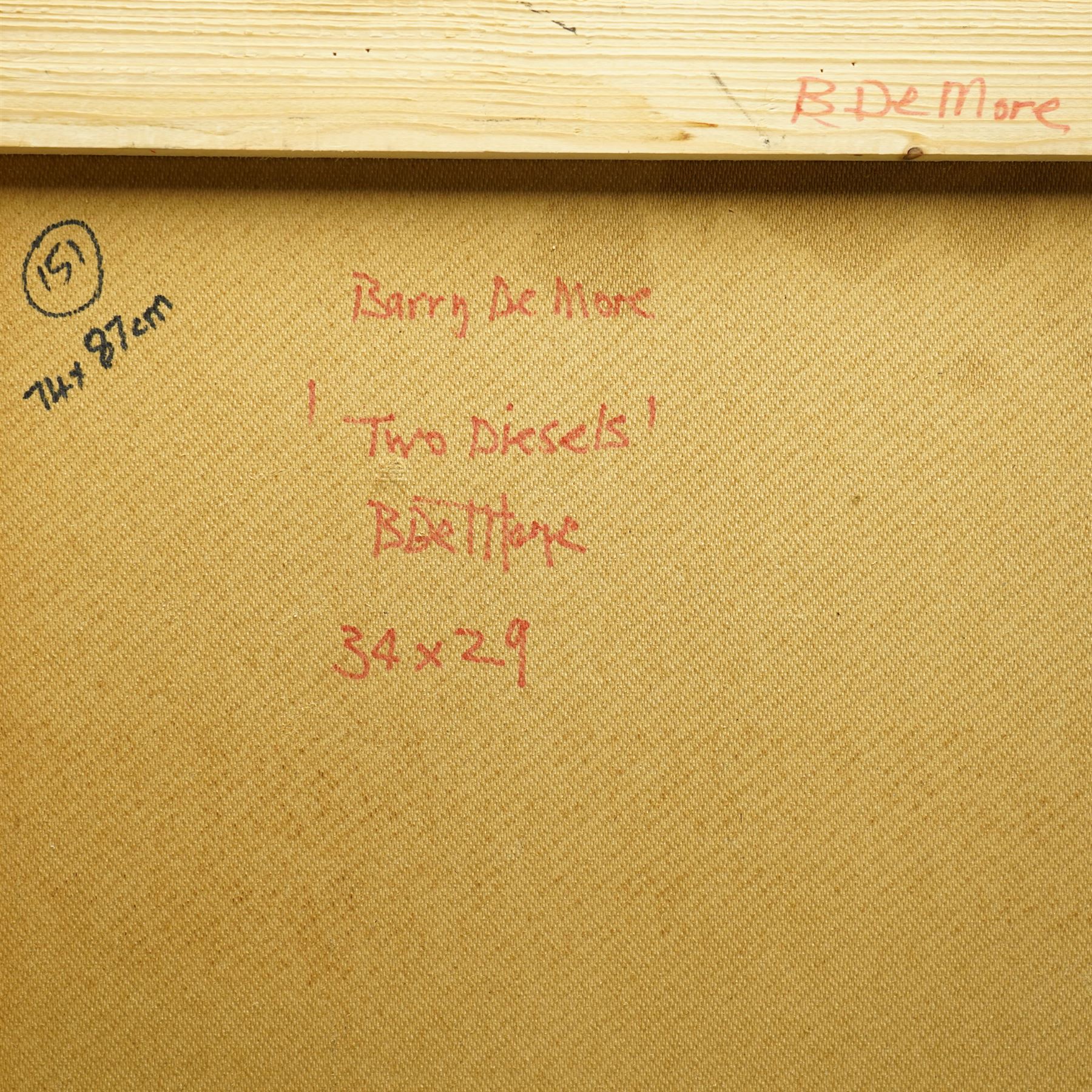 Barry De More (Yorkshire 1948-2023): 'Two Diesels', oil and impasto on board signed and titled verso 74cm x 87cm
Provenance: consigned by the artist's widow