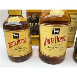 Mixed alcohol comprising Old Inverness Aged Scotch whisky, J.G.Thomson & Co, two bottles of White Horse Fine Old Scotch whisky, Three Barrels VSOP French Brandy in box etc, five bottles, various contents and proofs