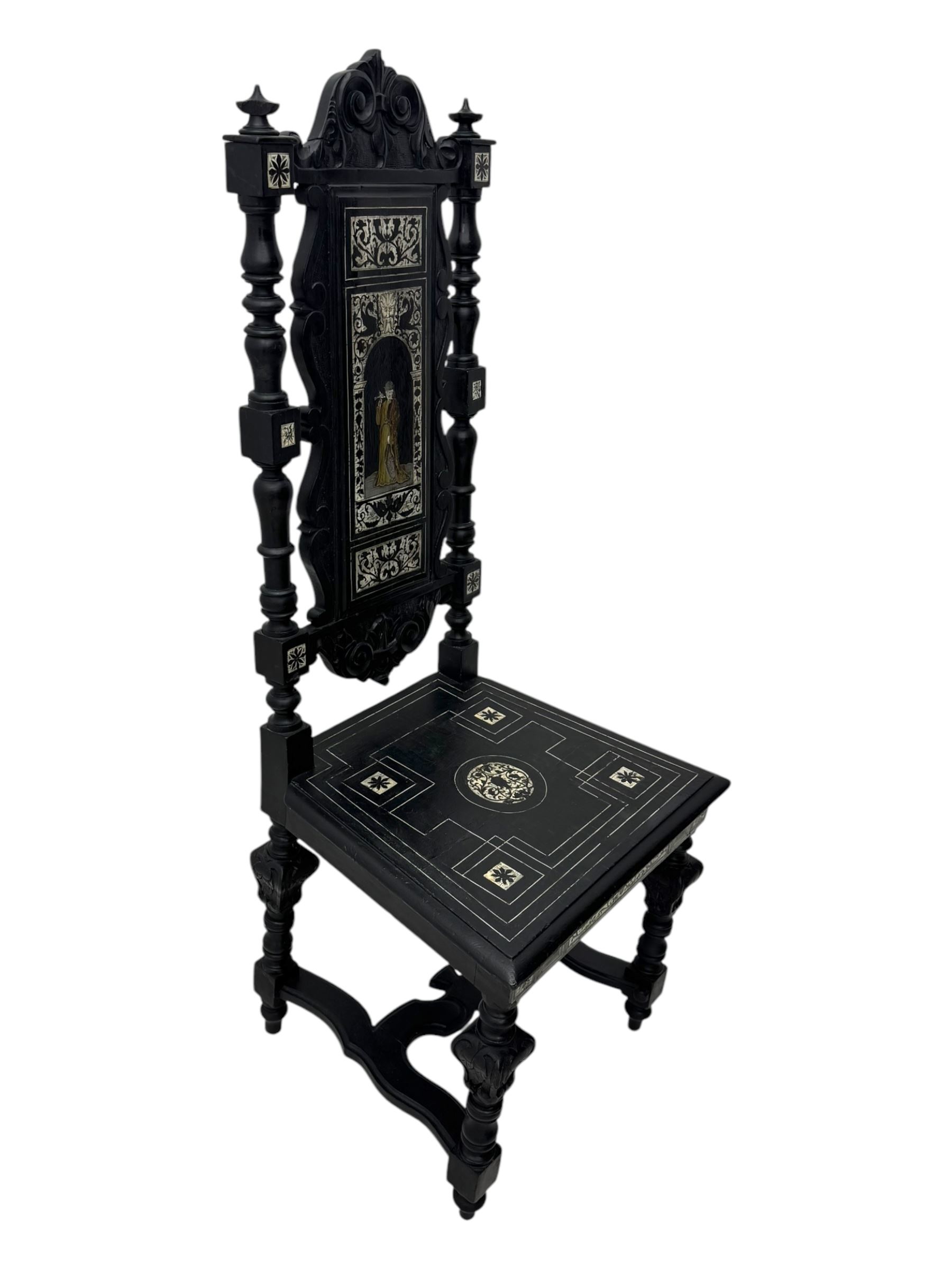 19th century Italian ebonised side chair, the backrest inlaid with bone and decorated with a painted figure in Renaissance dress within an arched reserve, flanked by turned supports and scrolled cresting, the seat and frieze similarly inlaid, raised on turned legs with shaped stretchers