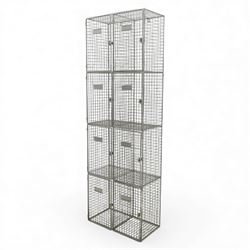 Mid-20th century industrial wire mesh locker, comprising eight compartments with hinged doors and metal label plates, galvanised finish 