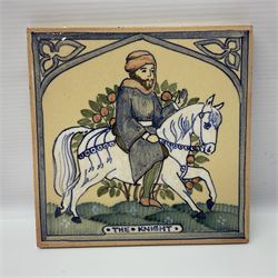 Three Rye Pottery Canterbury Tales figures, comprising The Miller, The Monk and The Franklin, together with a Canterbury Tale tile The Knight, tallest H24cm