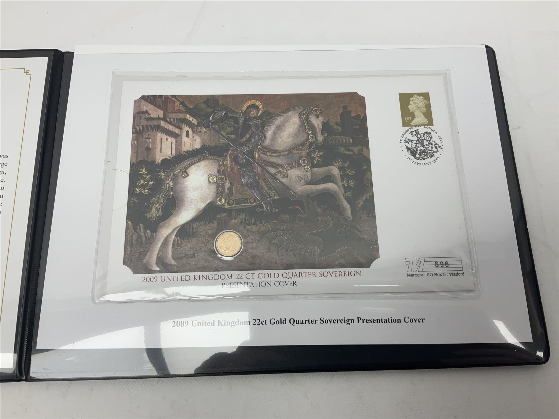Queen Elizabeth II 2009 gold quarter sovereign coin, housed in a Mercury presentation cover, in Westminster folder with certificate