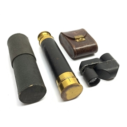 Early 20th century brass and leather three-draw pocket telescope, cased, L41.5cm fully extended; and Carl Zeiss Jena Turmon 8x monocular of hinged form L7cm, in calf leather carrying case (2)