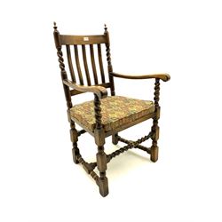 Early 20th century oak barley twist carver armchair