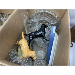 Royal Worcester Gold Chantilly pattern dish, Royal Doulton Naples pattern teapot, Beswick dogs (a/f), other ceramics and glassware to include Royal Doulton etc, die-cast to include Corgi etc, together with a quantity of cds, in five boxes