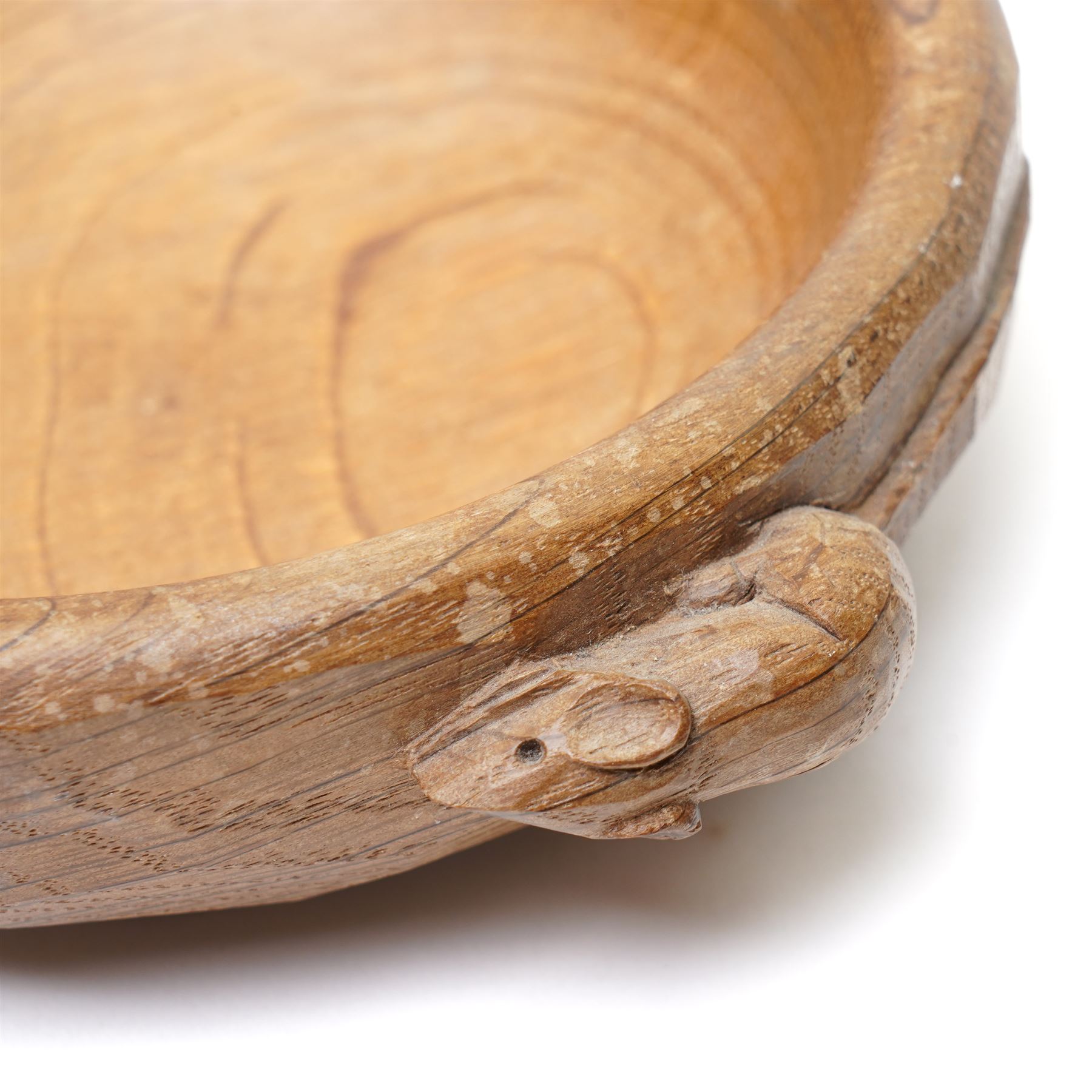 Mouseman - adzed oak nut bowl, or circular form, carved with mouse signature, by the workshop of Robert Thompson, Kilburn, D15.5cm