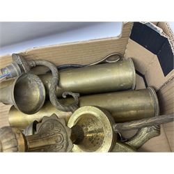 Quantity of brass ware, to include two pairs of candlesticks, three branch electrolier, fireside tools, pair of Mark 3 6 Pounder brass shell case vases, etc