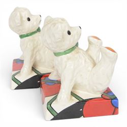 Wedgwood Bizarre by Clarice Cliff, Teddy Bear Bookends, hand painted based upon an original, limited edition 22/150, with certificate and box, H16cm