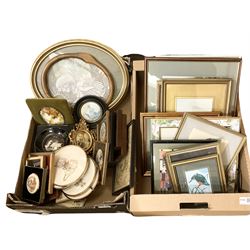 Assorted framed pictures, to include mostly prints, watercolour, various needle works, etc., in two boxes 