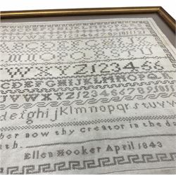 Early Victorian sampler, worked by Ellen Hooker, dated April 1843, depicting lines of alphabet above a short verse 'Remember now thy creator in the days of thy youth', within a key fret border, framed and glazed, overall H39cm L37cm 