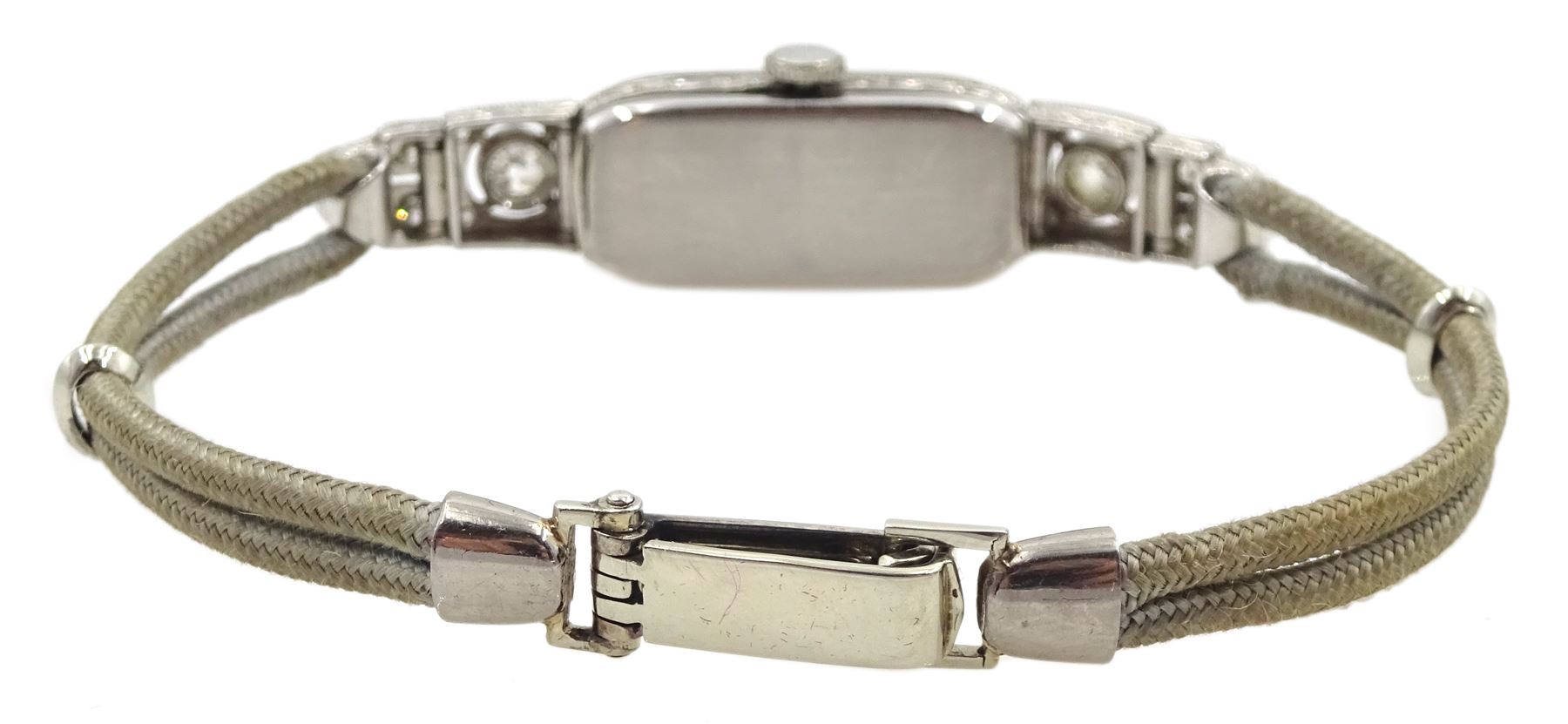 Eszeha Art Deco platinum milgrain set diamond manual wind lever wristwatch, stamped PT 950, No. 91982, the two largest diamonds of approx 0.22 carat each, on rope bracelet with 14ct white gold clasp stamped 585, retailed by Gebr.Somme Nachf Hof-Juweliere Sr. Maj.d Kaisers Breslau in original box (ESZEHA is the German name for Karl Scheufele the great grandfather and founder of Chopard in 1904 in Germany)