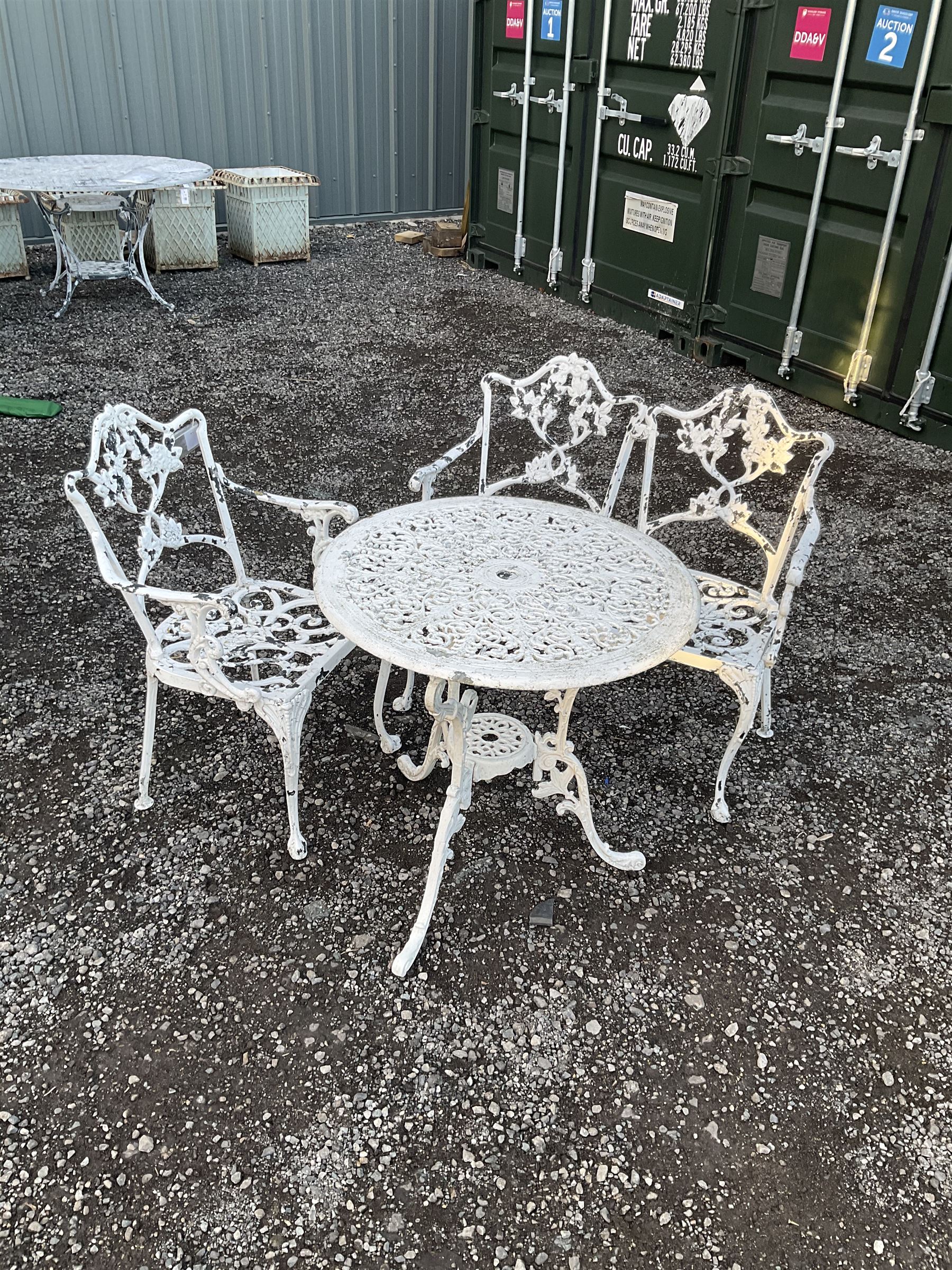 Painted aluminium circular garden table D69cm, matching two seat bench and armchair - THIS LOT IS TO BE COLLECTED BY APPOINTMENT FROM DUGGLEBY STORAGE, GREAT HILL, EASTFIELD, SCARBOROUGH, YO11 3TX