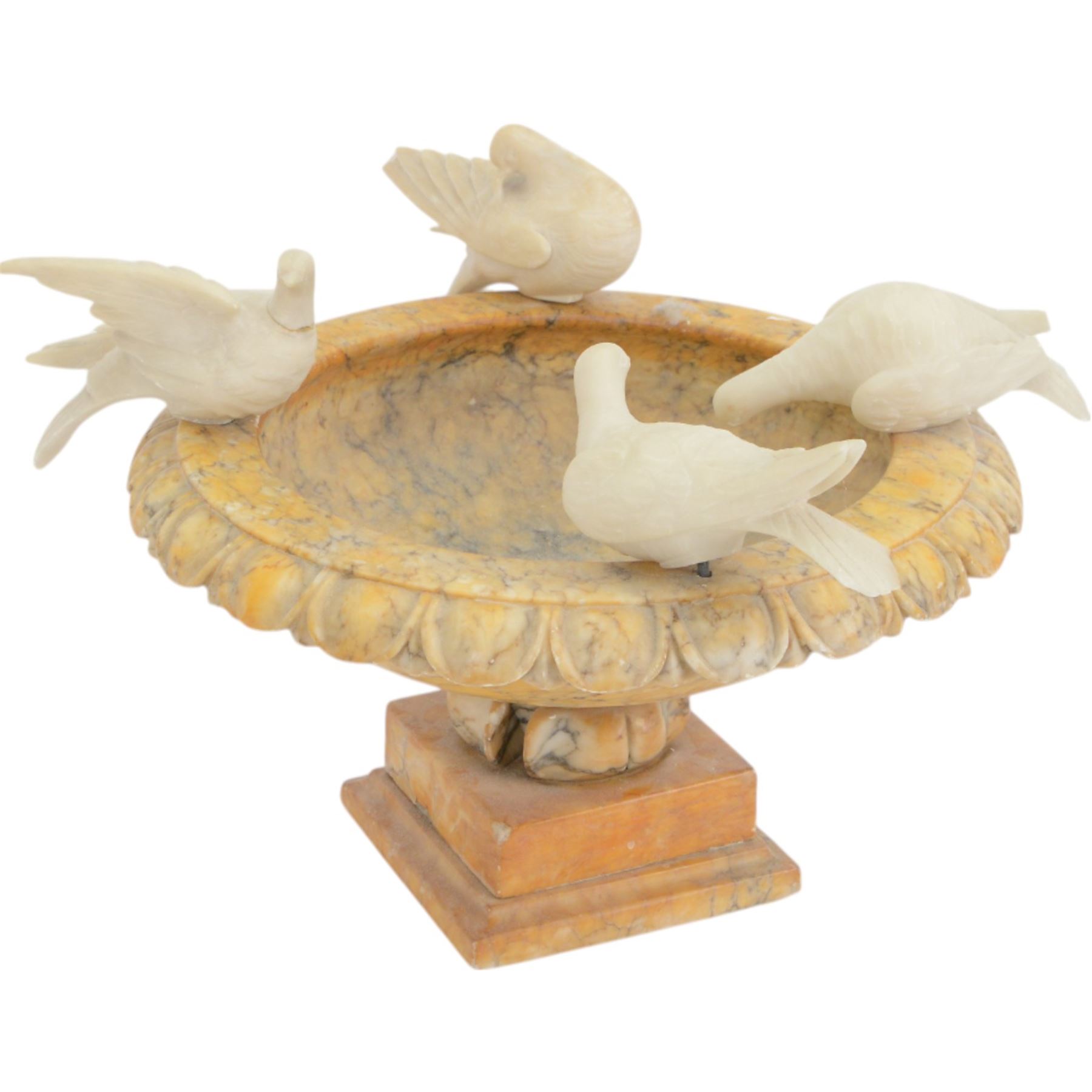 20th century alabaster bird bath, shallow bowl form with egg and dart moulded rim, mounted by four doves, H30cm, D35cm