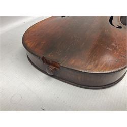 Incomplete amateur made violin c1880 for restoration and completion with 36.5cm one-piece maple back and ribs and spruce top L59.5cm; together with two brazilwood violin bows and pernambuco cello bow, all with nickel mounts (4)