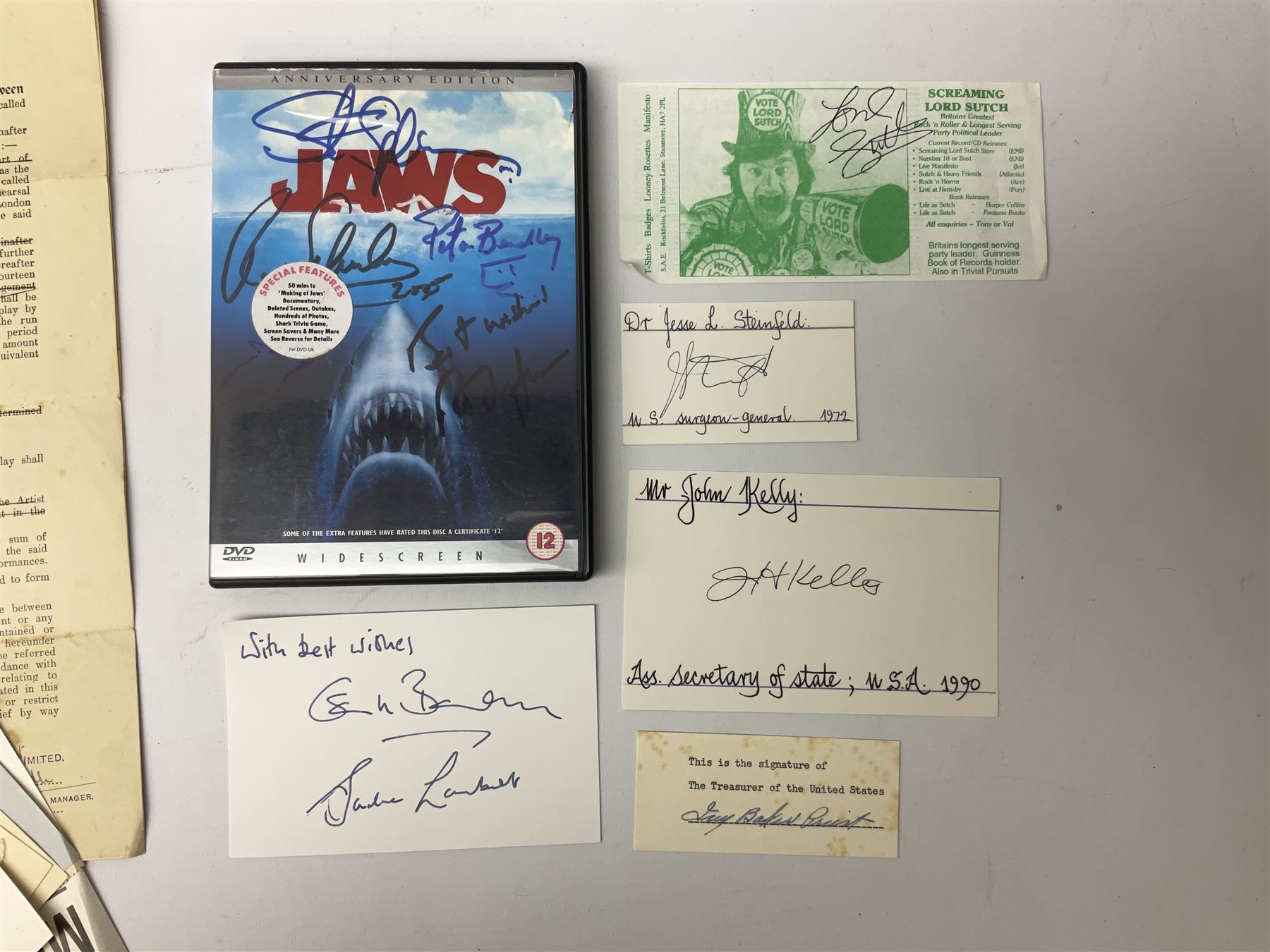 Collection of approximately  500 autographs, signed cards, signed letters, signed photographs etc from famous individuals including Sidney Godolphin, Berkeley Guise, Marquess of Salisbury (Prime Minister), Harold Wilson, Howard Macmillan, Edward Heath, Tony Blair, Prince Richard, Duke of Gloucester & Brigitte, Duchess of Gloucester, Prince Michael of Kent, Golda Meir, Kurt Waldheim, Peter Fraser, Robert Menzies, Hartley Shawcross, David Steel, Enoch Powell, Michael Foot, Denis Healey, Leon Brittan, David Owen, Neil Kinnock, Willie Whitelaw, Manny Shinwell, Norman Tebbit, Geoffrey Howe, Paddy Ashdown, Leslie Hore-Belisha, Samuel Hoare, Margaret Beckett, Michael Heseltine, Oswald Stool, Philip Ben Greet, Charles Santley, Joseph O'Mara, Ada Crossley, Ben Davies, Rutland Barrington, Evelyn Glennie, Moira Shearer, Brian Close, Steffi Graf, John Virgo, Daley Thompson, Brian Lara, Frank Bruno, Steven Spielberg, George Cukor, Leni Riefenstahl, Orson Welles, Paul Newman, Joe E.Brown, Charlton Heston, John Gielgud, Eric Sykes, Caroline Blakiston, Mercedes Ruehl, Beatie Edney, Joseph Cotton, Rula Lenska, Roy Hudd, Caroline Quentin, Ned Sherrin, Tony Britton, Lesley Joseph, Nigel Havers, Rory Bremner, Geraldine James, Clive Anderson, MyAnna Buring, Elkie Brooks, Alan Bennett, Gavin Ewart, Dean Koontz, Red Adair, Viv Nicholson, Gerald Scarfe, Screaming Lord Sutch, Maria von Trapp, Annie Besant, Reginal Bacon etc 