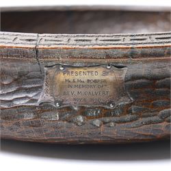 Carved bowl with central Yorkshire Rose motif, with white metal plaque, D25cm; and a similar turned bowl with white metal plaque, D22cm (2)
