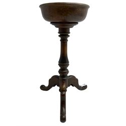 Fruitwood tripod wash basin or planter, the bowl with rolled edge on turned baluster pedestal, three splayed supports