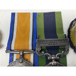 George V India General Service Medal with Afghanistan N.W.F. 1919 clasp and WW1 British War Medal awarded to 79561 Pte. R.D. Rowbottom R.A.M.C.; both with ribbons; card mounted with cap badge and Medical Corps cloth badge