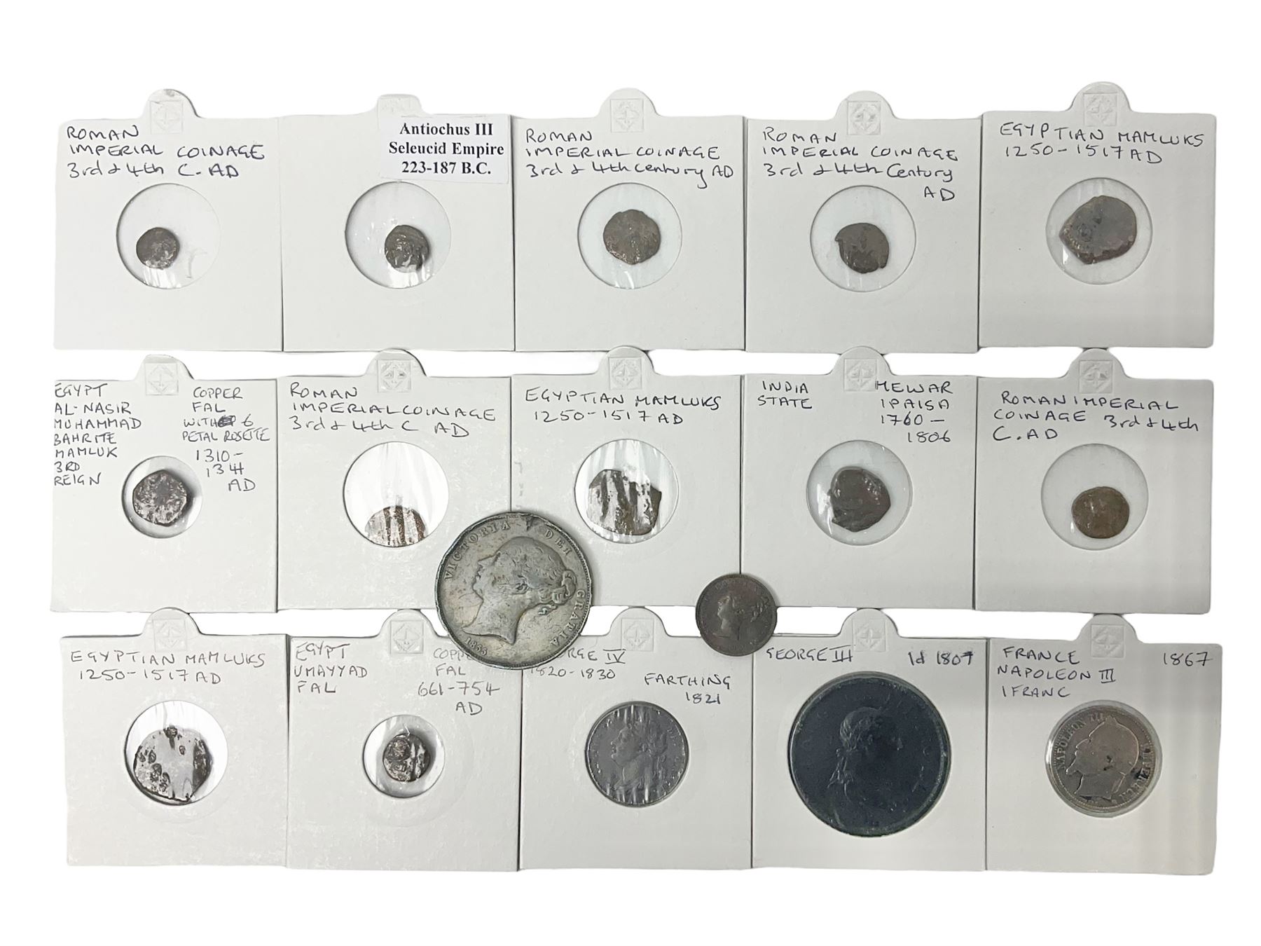 Coins including George III 1807 penny, George IV 1821 farthing, France Napoleon III 1867 one franc etc