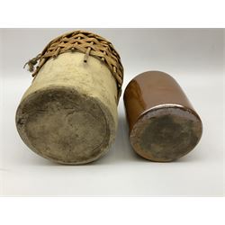 19th century stoneware gin bottle impressed I. Peck, Spirit Merchant Hull H27cm, Victorian salt glazed stoneware jar embossed W. Jefferson Mustard Manufacturer 47 Wincolmlee Hull, part cane covered stoneware flagon for John Smith Market Place Beverley and a Barton-on-Humber stoneware ginger beer bottle (4)  