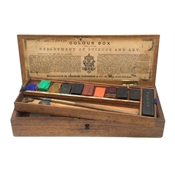 A Victorian mahogany artists paint box by Charles, Roberson & Co, the lid stamped 'Department of Science and Art, L23cm.