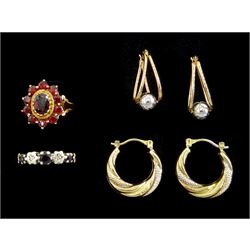 Two pairs of gold hoop earrings, gold garnet cluster ring and a gold sapphire and diamond chip ring, all 9ct