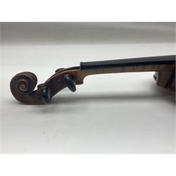 Late 19th century German trade violin c1890 with 36cm two-piece birds-eye maple back, neck and ribs and spruce top; bears label 'Manufactured in Berlin Special Copy of Nicolaus Amati' L59.5cm; in carrying case