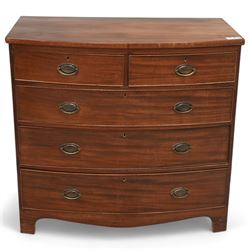 Early 19th century mahogany bow-front chest, two short over three long cock-beaded drawers, on bracket feet