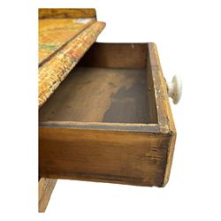 Victorian scumbled pine dressing table, rectangular top with shaped and scrolled gallery back, fitted with two drawers with ceramic knobs, on turned supports