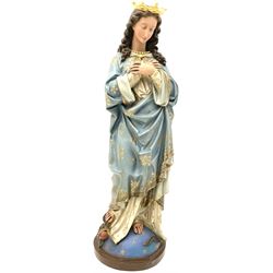 Religious painted plaster sculpture of Mary with a crown standing upon a serpent, H98cm.