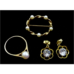 Gold pearl ring, gold pearl brooch and a pair of gold pendant earrings, all hallmarked 9ct