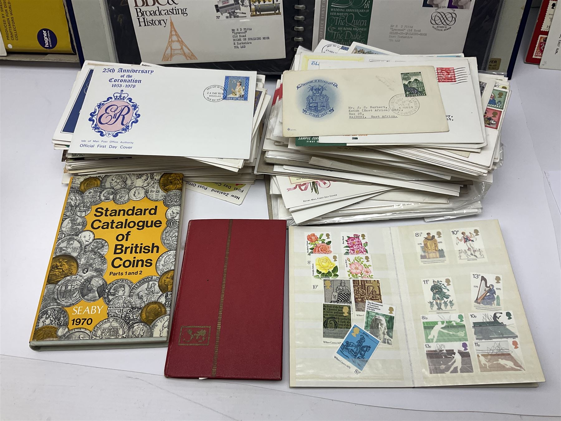 Stamps including Great British and Channel Islands first day covers, with various postmarks and genres, reference material etc, housed in various folders and loose, in one box