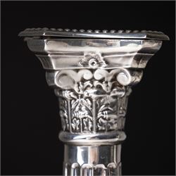 Pair of silver Corinthian column candlesticks with stepped square bases H30cm Birmingham 1968 Makers mark L.D.Ld